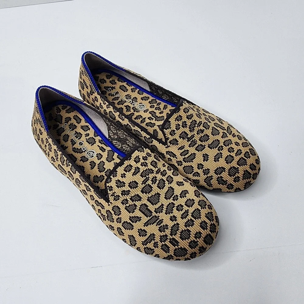 Rothys Girl's Brown Knit Leopard Cheetah Print Slip on Flat Loafer Shoes Size 4